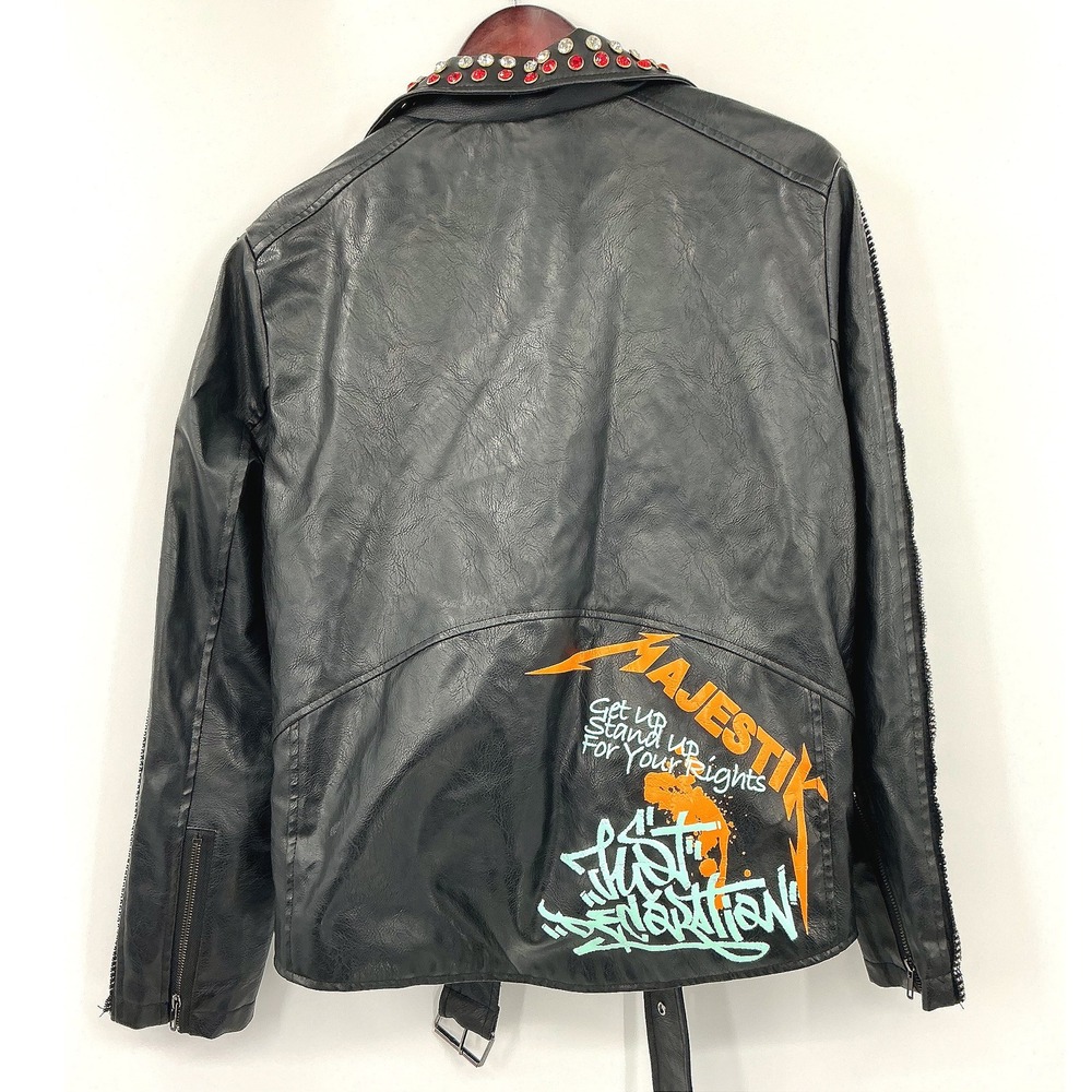Majestik Graffiti Patch Studded Faux Leather Moto Jacket Unisex Size S - Picture 2 of 6
